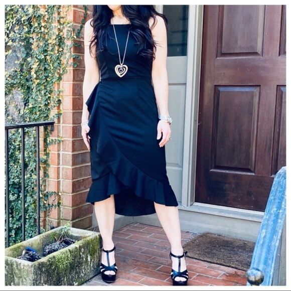 Black Sleeveless Ruffle Trimmed High Low Midi NEW - Picture 5 of 14